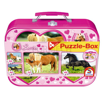 Koně, puzzle v boxu 2x26, 2x48 dílků v kovové krabičce <br> od 3 let