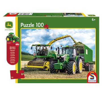 Puzzle, John Deere 6195M und Feldhäcksler 8500i + Original Siku Traktor, 100 Teile 